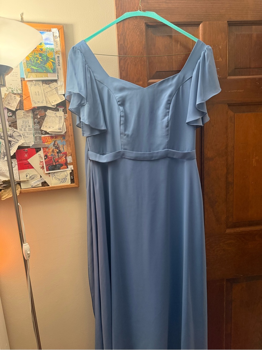 JJs House Muted Blue Off-Shoulder Ruffle Sleeve Maxi Dress